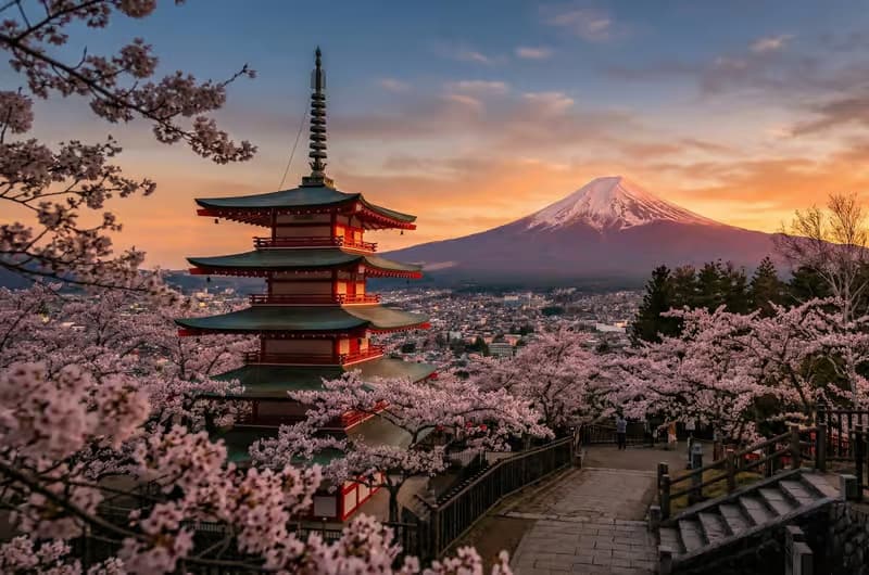 Mount Fuji framed by the red Chureito Pagoda, and an onsen evening in the mountains of Hakone