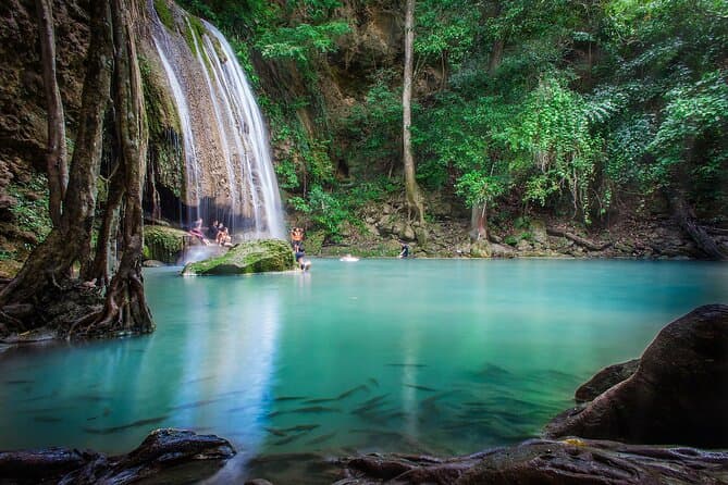 The emerald pools of Erawan Waterfall and the historic Bridge over the River Kwai